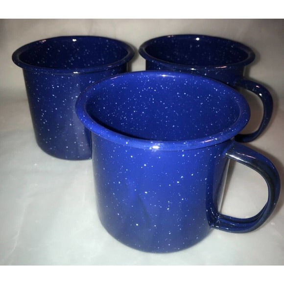 VTG Enamelware set of 3 Blue Speckled Coffee/Tea Mug/Cup Farmhouse 16 oz - Picture 1 of 9